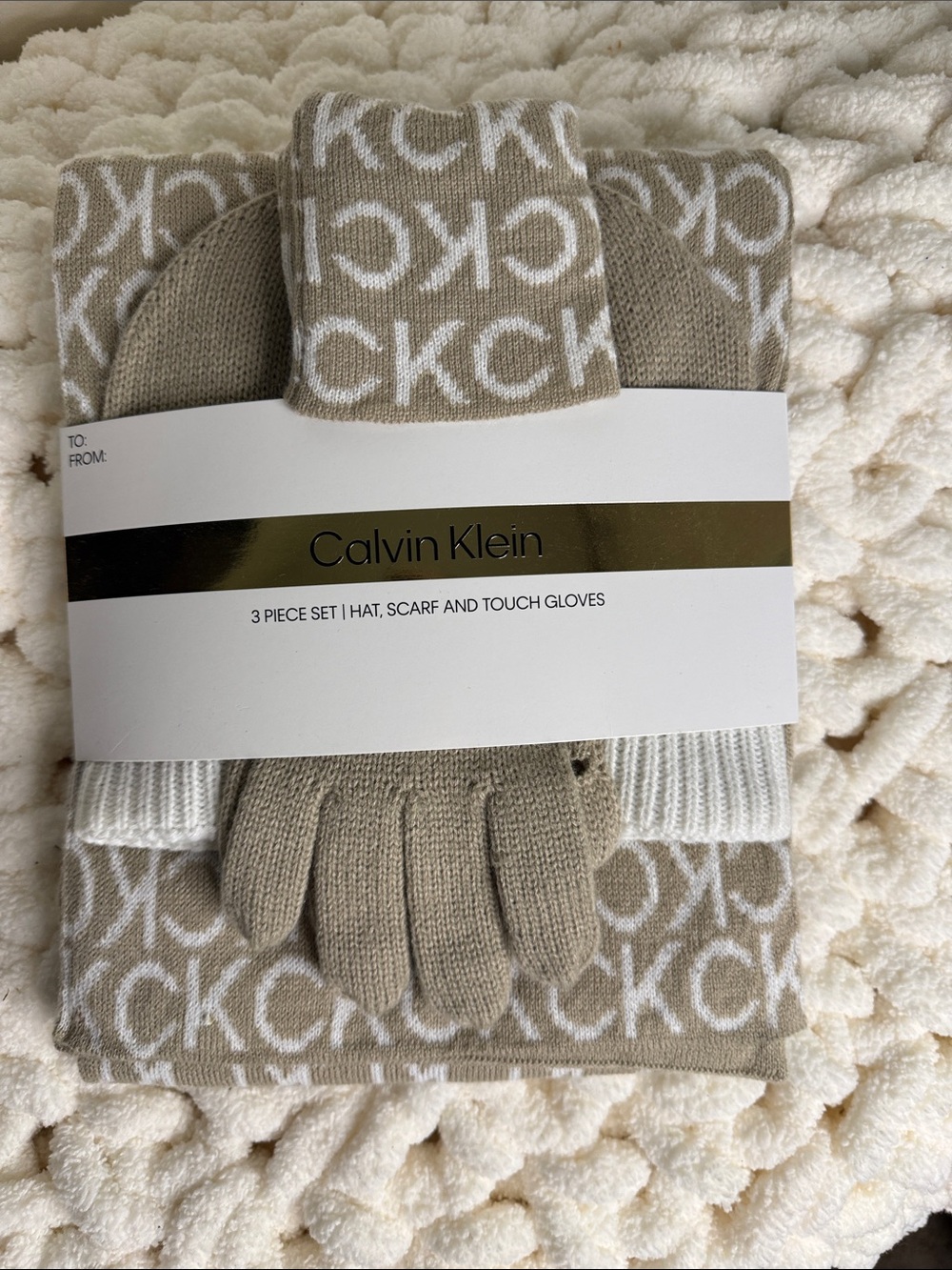 Calvin Klein Beige and White Logo Knit Hat, Scarf & Gloves Set
